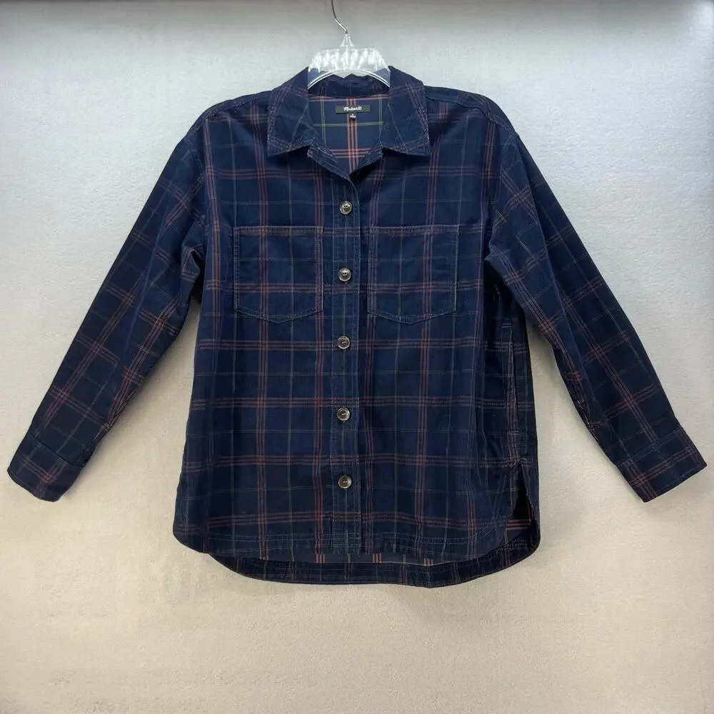 Madewell Button Up Shirt Women's Size M Blue Plaid Corduroy Kentwood Preppy - Picture 1 of 13